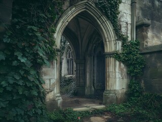 Obraz premium gothic arched doorway with ivy, dark and atmospheric scene.