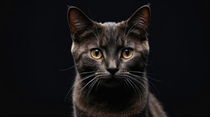 Obraz premium Black cat sits calmly against dark background, showcasing striking eyes and smooth fur, captured in soft lighting
