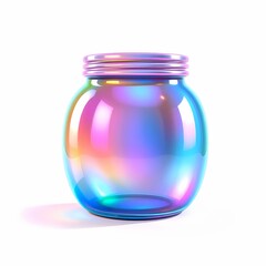Iridescent Glass Jar: A captivating image of a round, iridescent glass jar with a metallic lid, showcasing vibrant rainbow reflections.