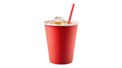 Refreshing beverage in a red cup with ice and a straw on a transparent background.