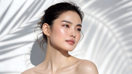 Young Asian woman with flawless skin natural makeup soft lighting gentle touch serene expression beauty portrait clear complexion minimalist background