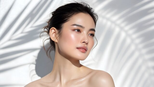 Young Asian woman with flawless skin natural makeup soft lighting gentle touch serene expression beauty portrait clear complexion minimalist background