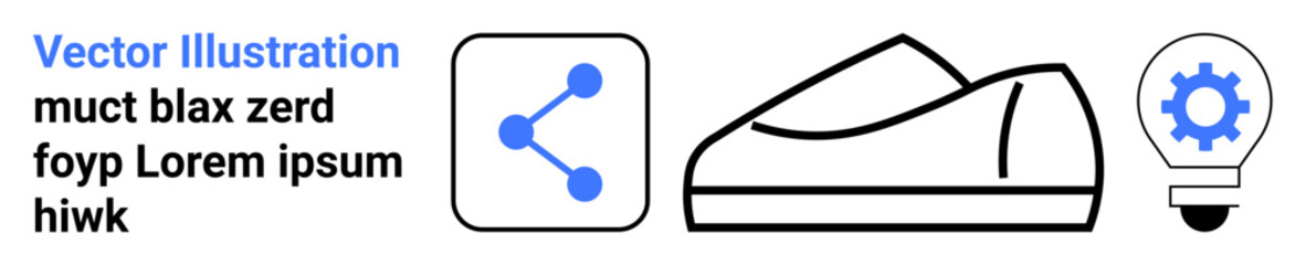 Icons of social media sharing, a sneaker, and a light bulb with a gear symbol represent connectivity, fashion, and technology. Ideal for tech startups, e-commerce, marketing, innovation, creativity