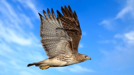 Red-tailed Hawk in flight, Red-Tailed Hawk Searching the Sky As It Flies, A close-up shot of an osprey in flight against a clear blue sky.