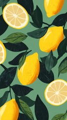 Digital lemon and leaves pattern illustration poster background
