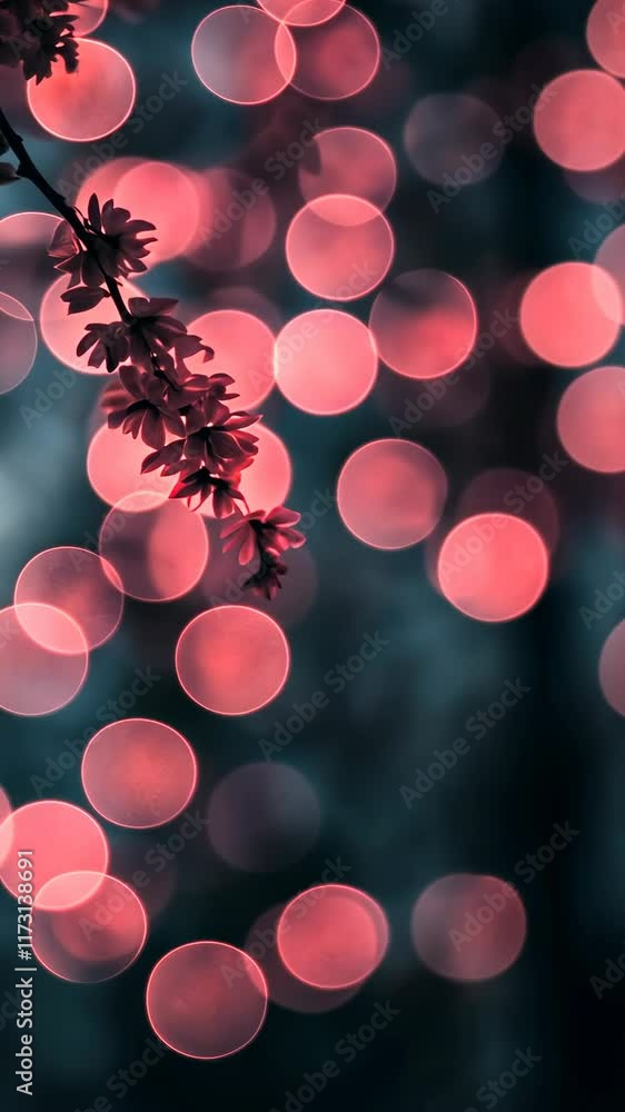 Poster colorful bokeh lights created by a branch with small flowers in a dark setting during the evening
