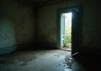 Obraz premium Abandoned room with an open door revealing overgrown nature outside