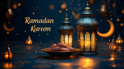 Cozy Dimly Lit Scene with Two Fancy Lanterns and Bowl of Dates Against Deep Blue Backdrop with Ramadan Kareem Written in Classy Script