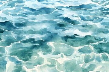 Abstract watercolor painting of blue ocean water with ripples and light reflections.