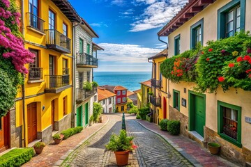 Fototapeta premium Charming Street View, Salinas, Asturias, Spain: Picturesque Coastal Village Scene