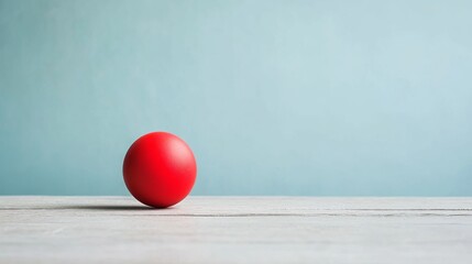 Red sphere on a white wooden surface against a light blue background.