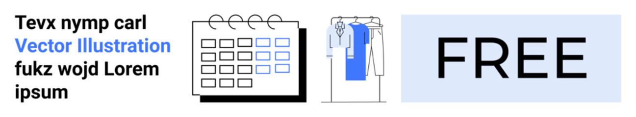 Calendar grid with coiled binding, clothes hanging on rack, large FREE text sample. Ideal for scheduling apps, fashion retailers, promotion banners, visual content creation, advertising, e-commerce