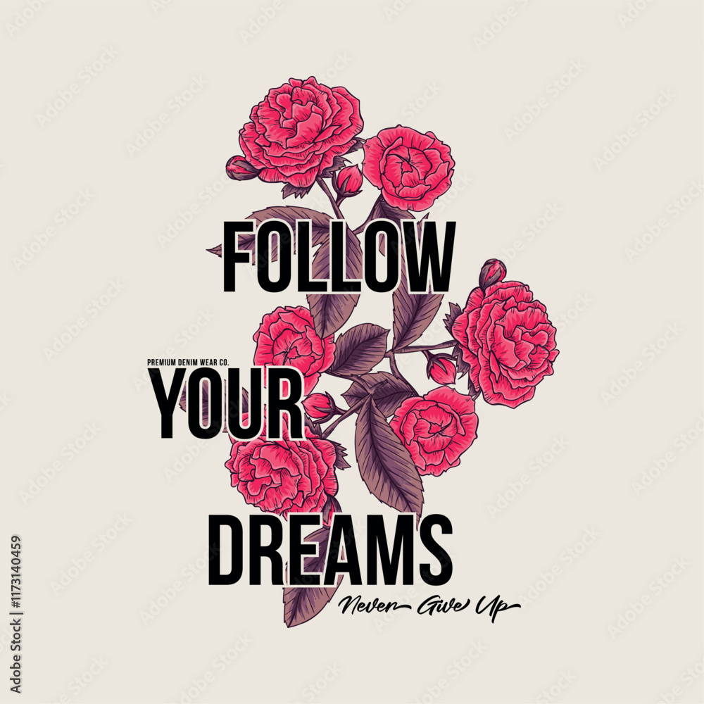 Poster tee print design with typo and roses drawing as vector
