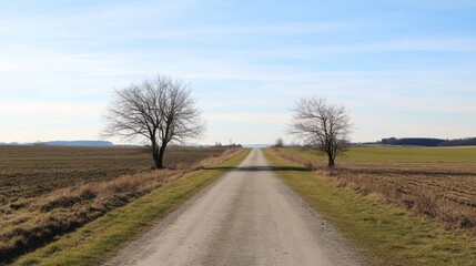 Fototapeta premium Rural gravel road vanishing point, trees, fields.