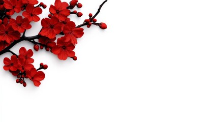 Fototapeta premium Red Plum Blossoms on White: A delicate branch of vibrant red plum blossoms graces the corner of a pristine white background, creating a minimalist yet striking composition.