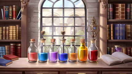 Colorful potion bottles on a wooden shelf with books and a window view, enchanting artistry