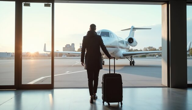A passenger in a coat walks with a rolling suitcase toward a small private jet parked at the airport. The sun sets in the background, creating a warm glow over the scene.