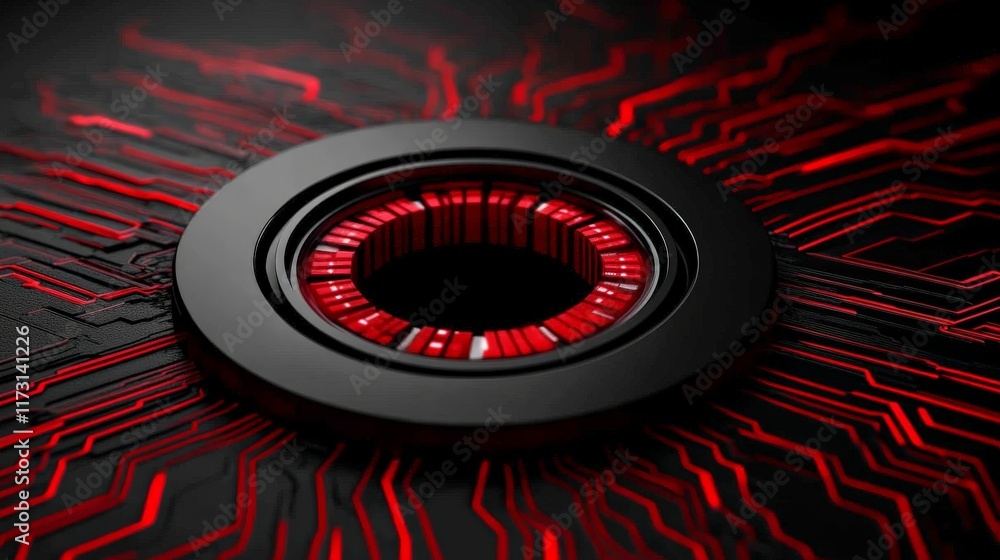 Poster red circuitry core: a mesmerizing close-up of a glowing red core within a black circular casing, sur