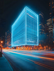 Futuristic glowing blue building at night with light trails.