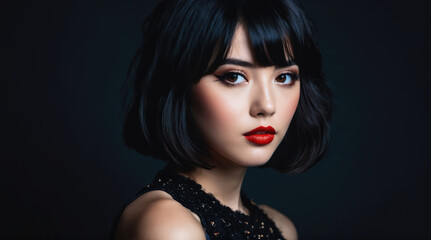 Naklejka premium Beautiful woman with dark bob hairstyle and bold red lips posing against a dark background in a glamorous setting