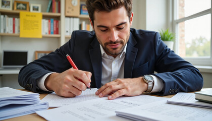 Focused professor grading exams in office, promoting academic success