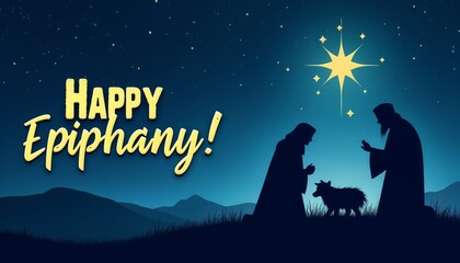 Silhouetted Nativity scene with starry night sky and “Happy Epiphany!” text.Sacred moment: Nativity scene illuminated by the Star of Bethlehem.Festive religious imagery for Christmas and Epiphany pro
