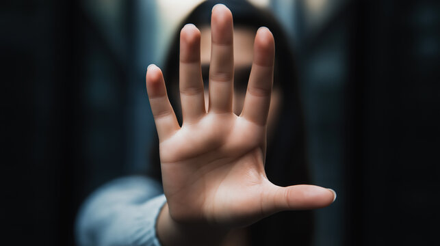 Close Up View Of A Woman Making "Stop It" Gesture With Her Hand Or Finger Strong Serious Young Lady Extending Hand Forward Forbidding Saying No To Harassment Bullying Abuse Violence Against Women.