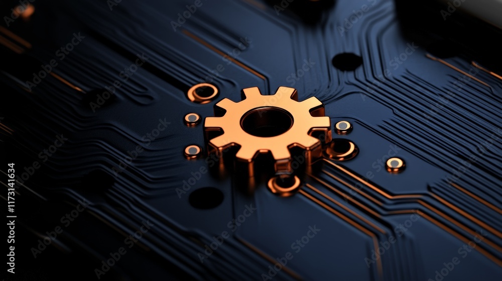Poster cog in the machine: a 3d render of a golden gear resting on a dark circuit board, symbolizing the in