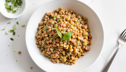 Fresh sprouted lentils served on a white plate, healthy eating concept