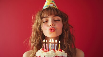 Woman with party hat blows out birthday candles. Perfect for celebrating birthdays, joy, and wishes.