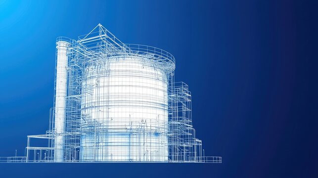 Natural gas storage concept. A blue-themed architectural blueprint showcasing a modern building structure with intricate lines and details.