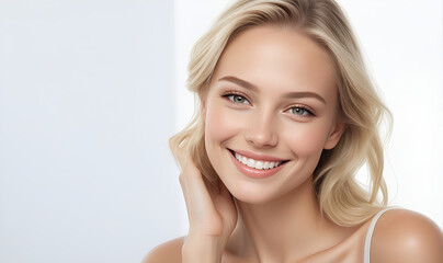 Beautiful woman face with healthy skin and natural make up. skincare advertising concept