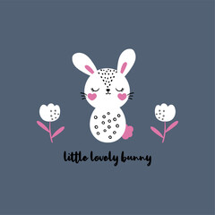 print design with bunny and flowers drawing as vector for kids fashion