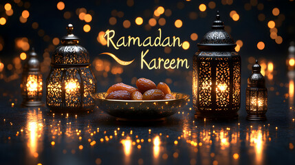 Photograph of Ornate Lanterns and Golden Tray with Dates Against Dark Bokeh Background with Ramadan Kareem Text in Elegant Cursive