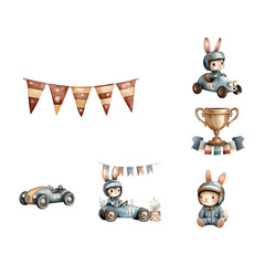 generative ai.A collection of vintage racing cars, trophies, and playful figures in a charming layout, featuring soft colors and nostalgic designs, perfect for a themed celebration or decor.
