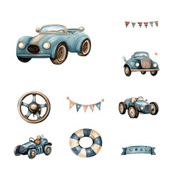 generative ai.A collection of vintage racing cars, trophies, and playful figures in a charming layout, featuring soft colors and nostalgic designs, perfect for a themed celebration or decor.