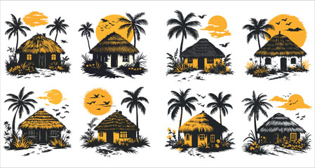Beach hut and palm tree silhouettes vector, Beautiful tropical beach hut and palm tree silhouettes, Tropical beach huts with palm trees and sunsets silhouettes, Tropical cottages silhouettes
