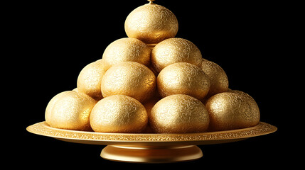 Pyramid of 12 Golden Eggs with Intricate Patterns Displayed on Ornate Gold Platter Against Solid Black Background