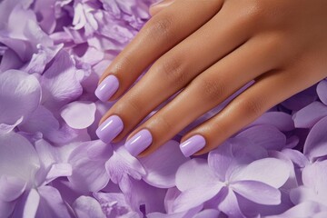 Fototapeta premium Close-up of a hand with lavender nails on purple petals. Perfect for beauty, fashion, and spa advertising.