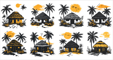 Obraz premium Beach hut and palm tree silhouettes vector, Beautiful tropical beach hut and palm tree silhouettes, Tropical beach huts with palm trees and sunsets silhouettes, Tropical cottages silhouettes
