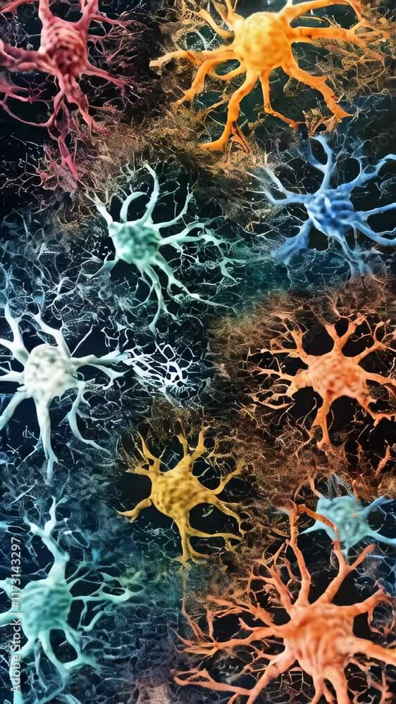 Poster exploring the intricate world of neurons and their vibrant connections in the brain
