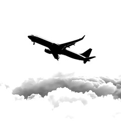 Silhouette of a plane flying above the clouds on a white background