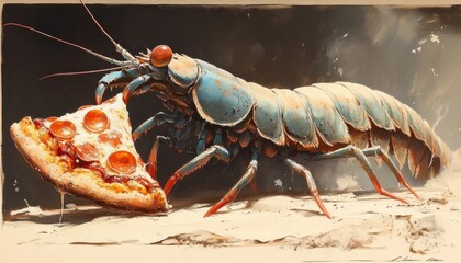 Surreal lobster enjoying pizza scene in dreamlike setting