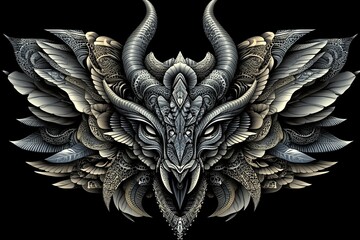 Intricate ornate dragon head with wings, detailed digital art.
