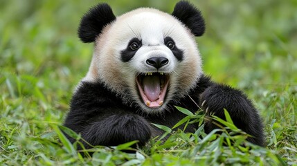 Fototapeta premium Playful Panda Munching on Bamboo in Lush Habitat