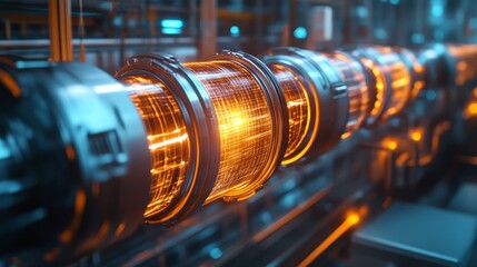 Obraz premium A futuristic energy conduit emits a glowing orange light, surrounded by high-tech machinery in a sleek, industrial environment.