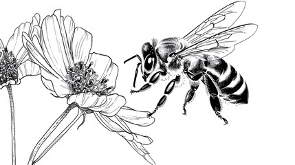 Obraz premium Outline of a honeybee flying near a flower on a white background