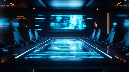 Obraz premium A futuristic conference room with a glowing table and digital screens, showcasing advanced technology and a sleek design.