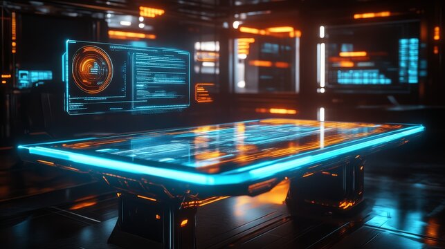 A futuristic control room featuring a glowing table with digital displays and vibrant blue and orange lighting.