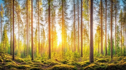 Obraz premium Golden Hour in a Pine Forest: A Serene Sunrise